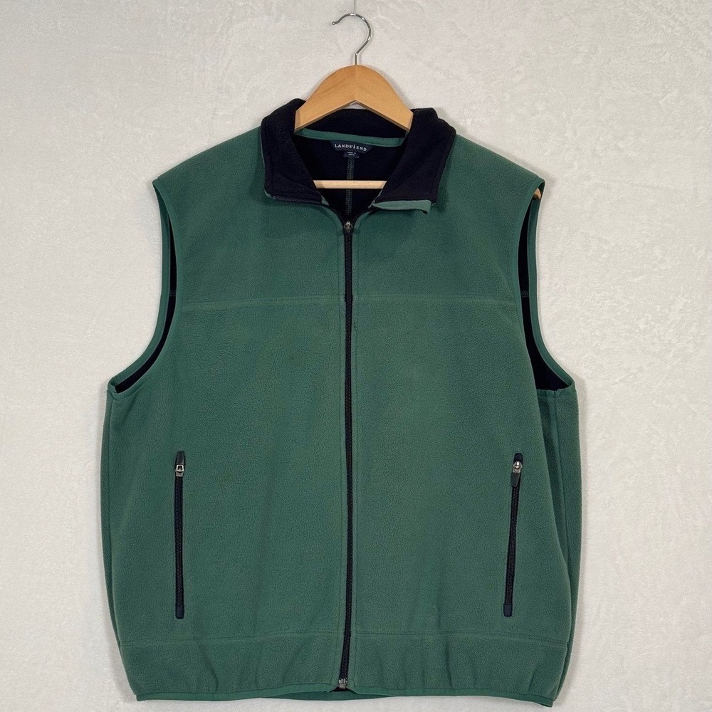Lands End Mens Fleece Vest Green Full Zip Mock Neck Pockets Size L 42-44